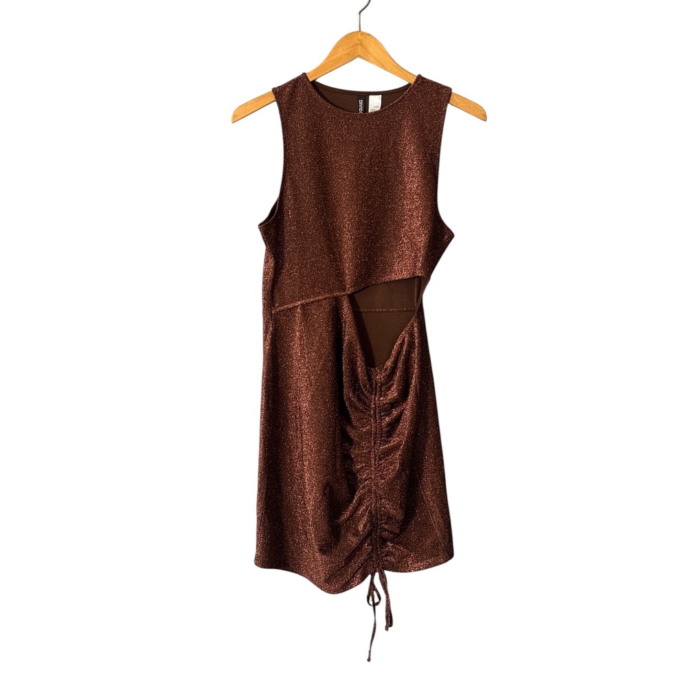H&M Metallic Ruched Cutout Dress Brown Sparkle Party Club Size‎ L